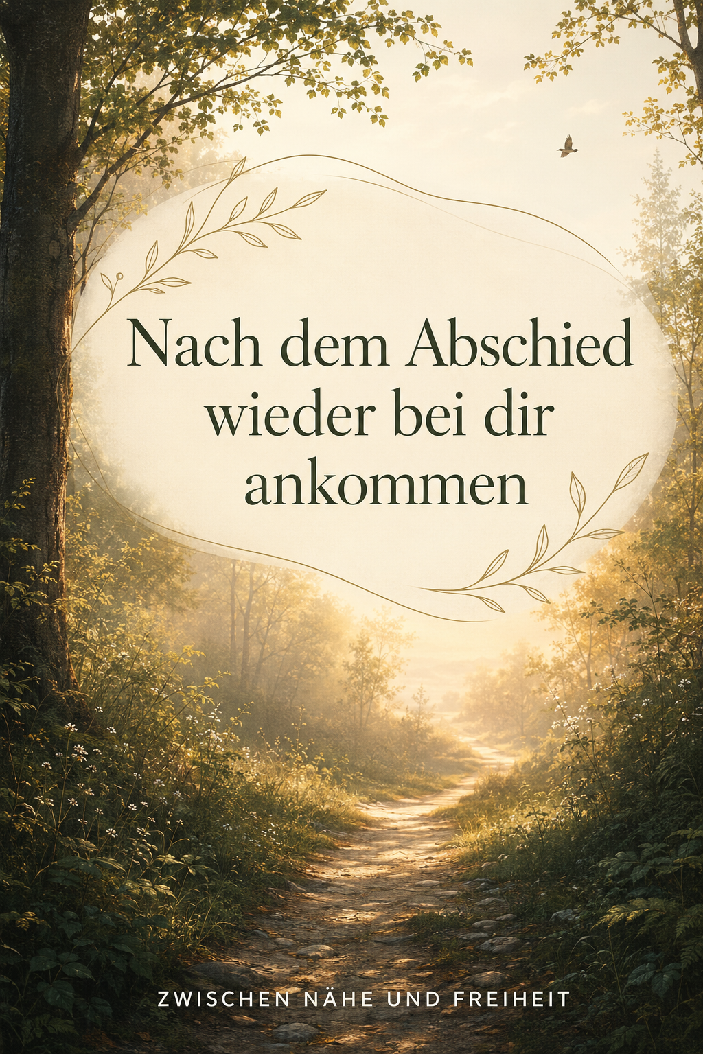 Sonnenbeschienener Waldweg im warmen Morgenlicht mit der Aufschrift: Nach dem Abschied wieder bei dir ankommen.